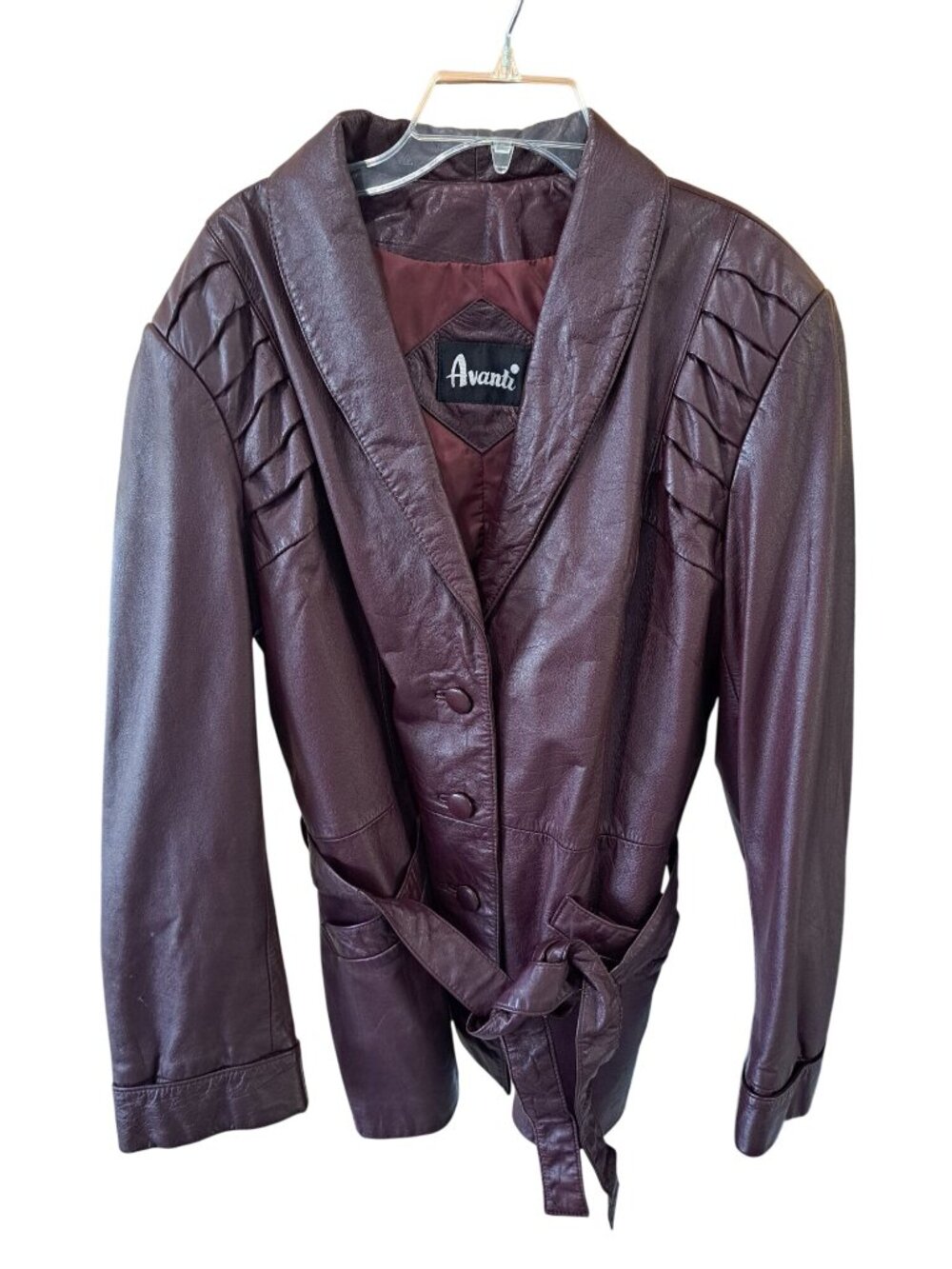 Avanti Womens Maroon Leather Jacket Pleated Quilted Shoulders Belt L Grunge Rave